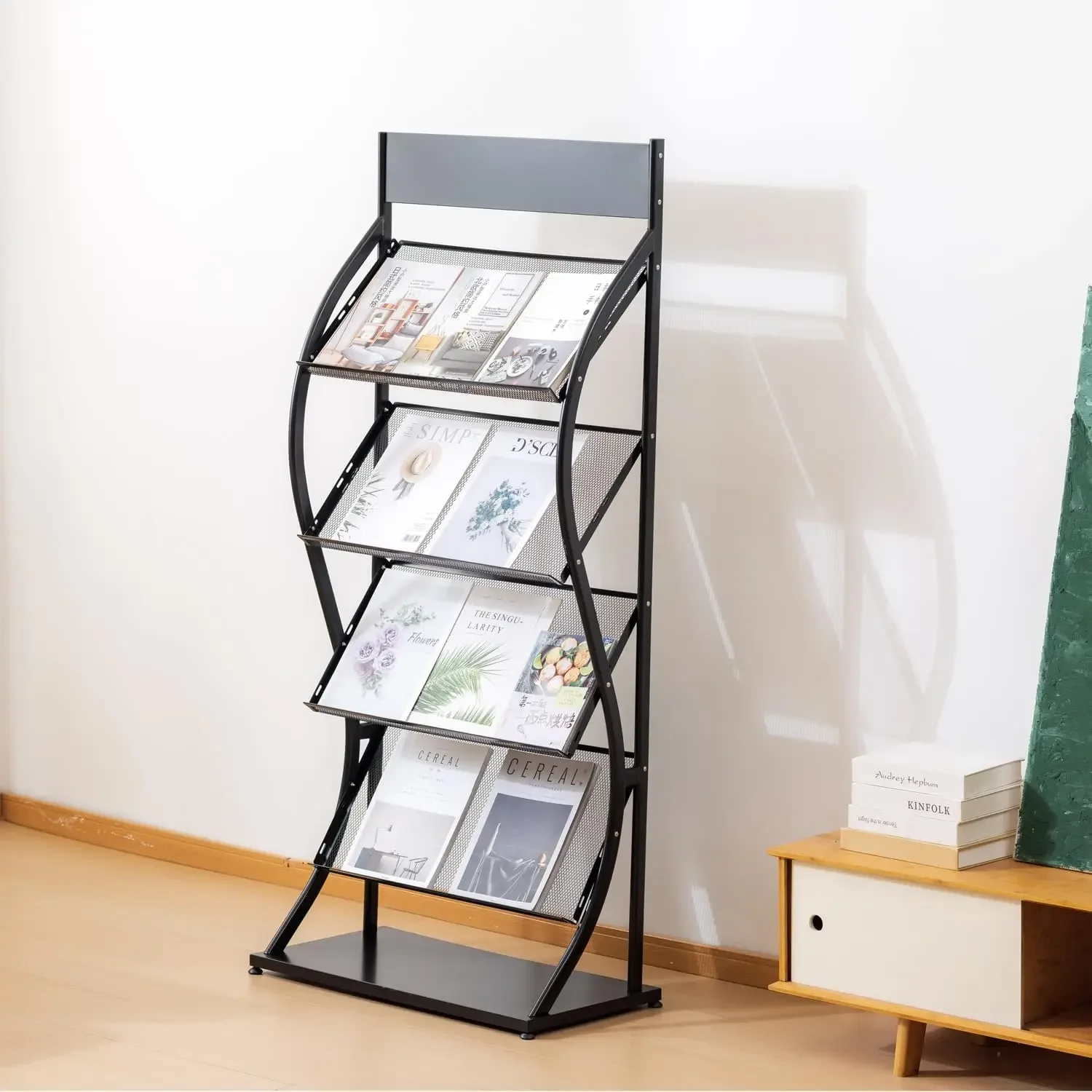 4 Tier Magazine Rack, Brochure Display Rack Floor-Standing, High-hardness metal for Exhibitions, Office, and Any Organization