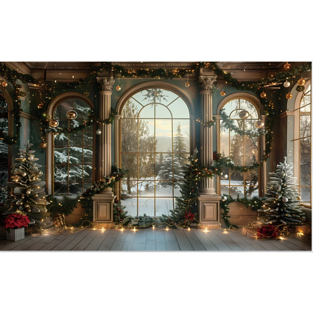 Cymbozin Christmas Party Photo Background Studio Shooting Trees Arched Windows Snow Kids Children Xmas Photography Backdrops