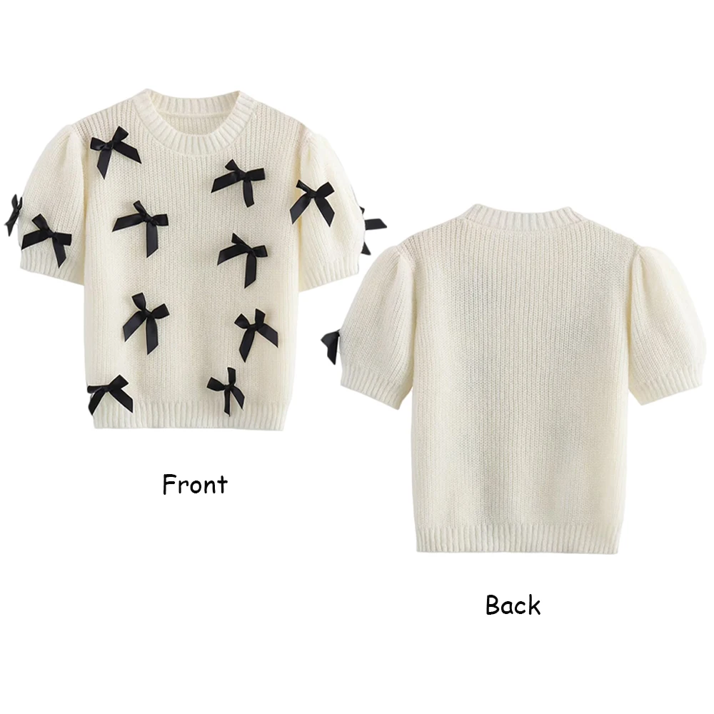 TRAF ZR High Street Ladies O-neck Sweater Vintage Chic Pullover Sweaters for Women Y2k Short Sleeve Knitwear Outfits with Bows