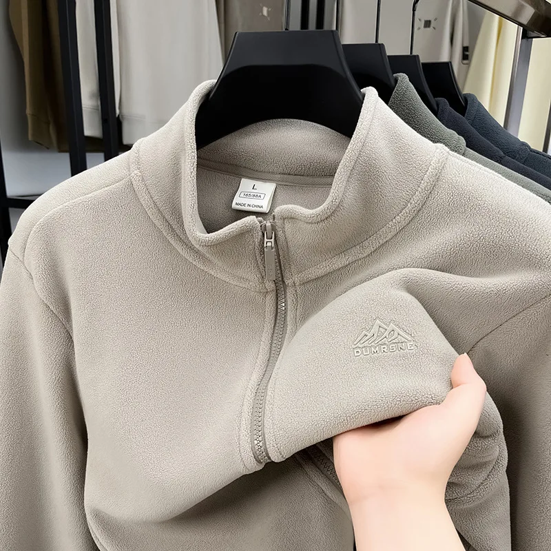 2025Double Sided Fleece Jacket with Fleece for Men's Casual Hoodie, Business Stand Collar, Thick Warm Jacket, Versatile Top