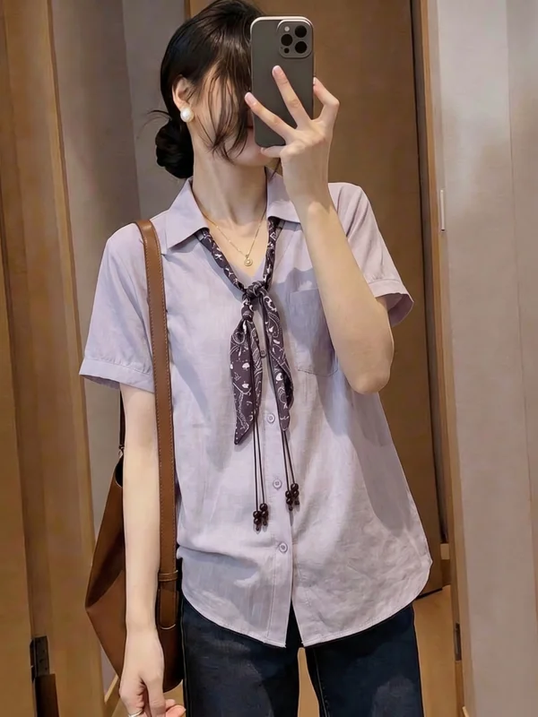 

Stylish Purple V-Neck Short Sleeve Shirt Women's Summer New plus Size Ethnic Style Silk Scarf Top Korean Version Loose Fit