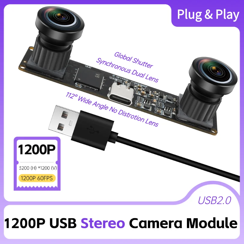 ELP USB Stereo Camera Module 1200P 60FPS Global Shutter Webcam with Synchronous Dual Lens,112° Wide Angle 3D Webcam for VR,PC