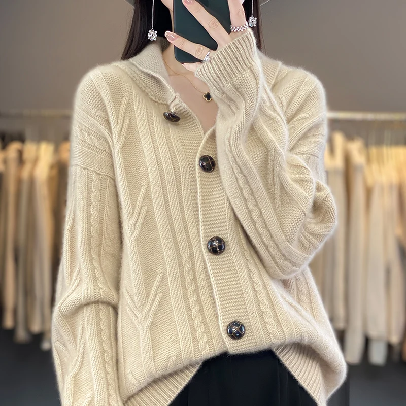 Autumn and winter new 100% merino sweater women's knitted cardigan button loose twisted solid color padded fashion top