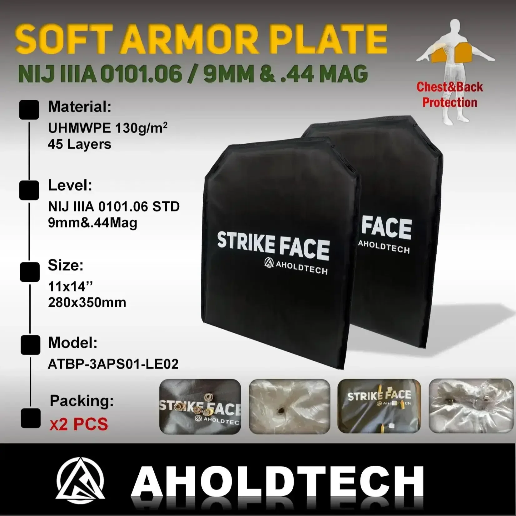 Aholdtech 2PCS LE02 11X14 280*350 NIJ IIIA 3A Soft Bulletproof Plate Ballistic Vest Bulletproof Board Side Waist Armor Panel