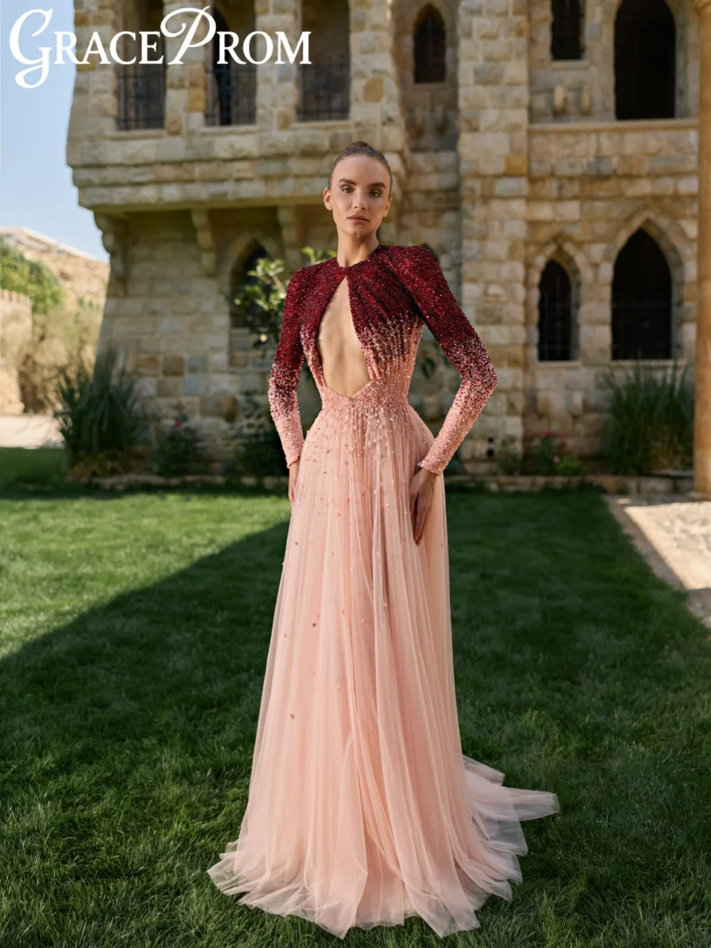 

Burgundy to Blush Ombre Beaded Evening Dress Long Sleeved A-line Graceful Formal Party Gown Customized Sparkly Banquet Gowns