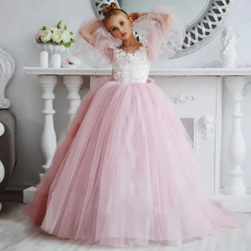 

Customized Lace Tulle Flower Girl Dress For Wedding Floral Appliques Full Sleeves Tulle Elegant Princess First Communion Gown