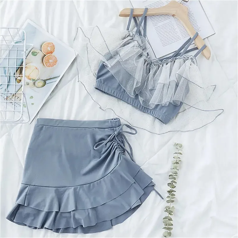 Backless Bikini Set Women Ruffles Chic Patchwork Trendy Ins Holiday Korean Fashion Sweet Spicy Girls Summer Popular Swimwear