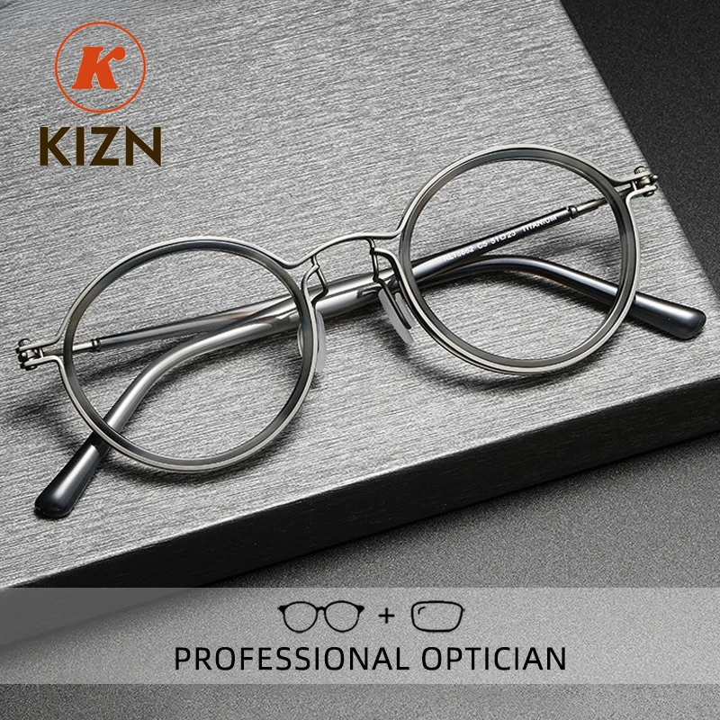 KIZN Retro Round Pure Titanium Anti Blue Ray Reading Glasses Men Myopia Glasses Luxury Acetate Prescription Eyewear Frames