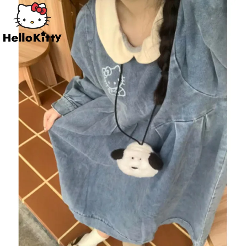 Sanrio Hello Kitty Ronde Hals Mode Denim Jurken Vrouwen Japanse College Stijl Elegante Jurk Y 2K Sweet Pop Kraag Top Shirts