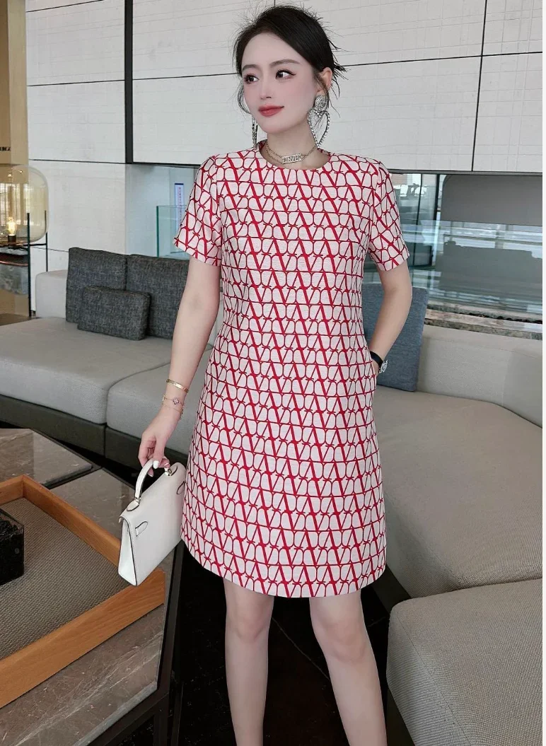 

New Jacquard Spring Short Sleeved Dress High-end Dress Elegant Commuting Round Neck Slim Fit Summer A-line Skirt 2025 1332