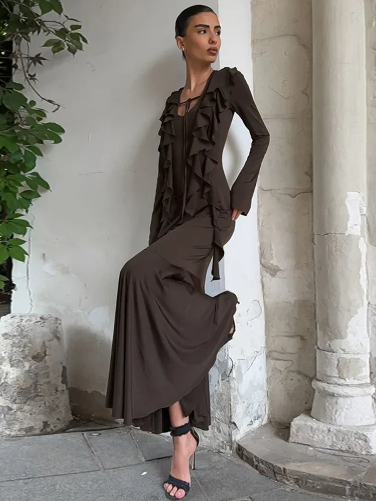 Chaxiaoa Elegant Bodycon Party Club Evening Dress Women 2025 Autumn Fashion Ruffled Lace-Up Long Sleeve Waist-Cinching Clothing