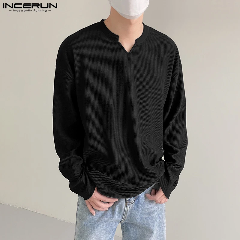 INCERUN الرجال تي شيرت بلون الخامس الرقبة طويلة الأكمام ربيع الخريف الذكور المحملة القمم الشارع الشهير فضفاض الكورية نمط ملابس الرجال غير رسمية