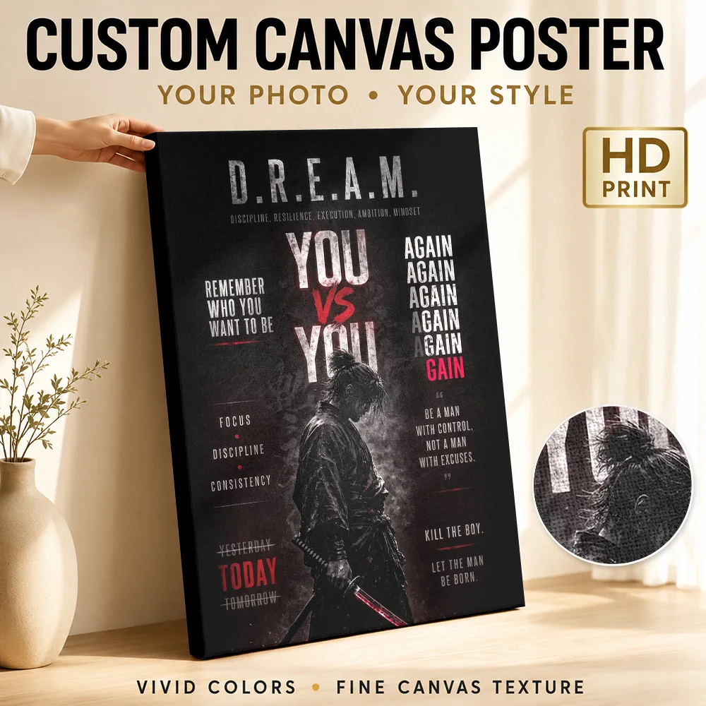 Samurai Motivation Framed Canvas Print Poster Personalized Photo Japanese Inspired Wall Paintings Decoration for Office Hallway