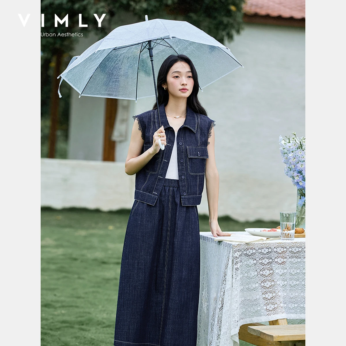 

VIMLY Denim Sets Woman Outfits 2025 Summer 100% Cotton Navy Blue Suit Lace Panel Vest Straight Skirt Female Clothing A0236