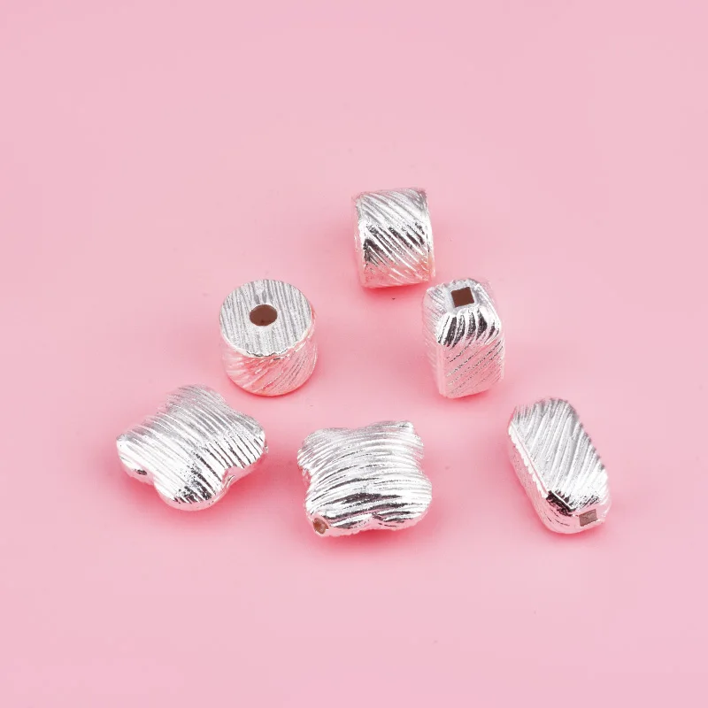 S925 sterling silver hand-brushed square hammer-patterned four-leaf clover bucket bead crystal DIY bracelet accessory