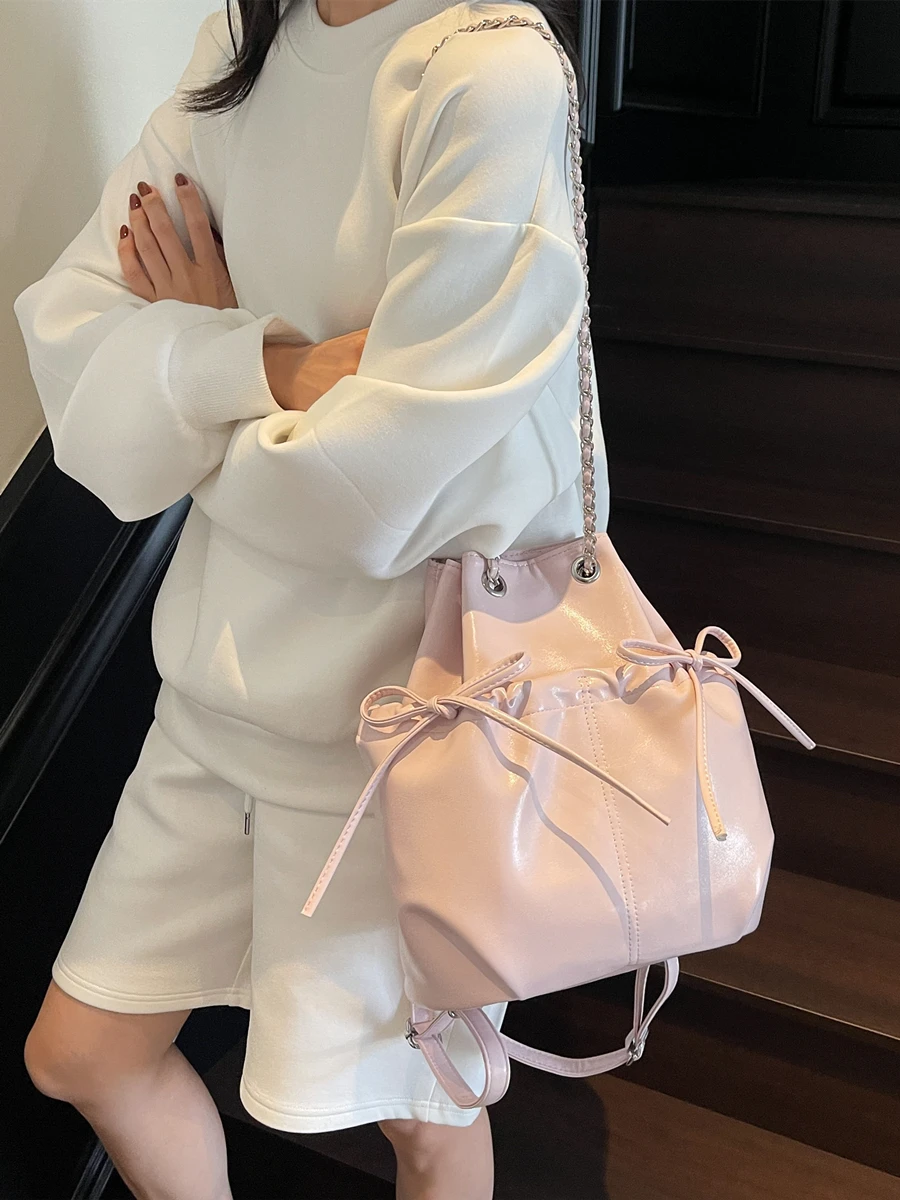 

Teen Girl Wanderlust Dstring Bapa Pure Color Knot Buet Bag Soft PU Commuter Sle Youth Faion Bapa