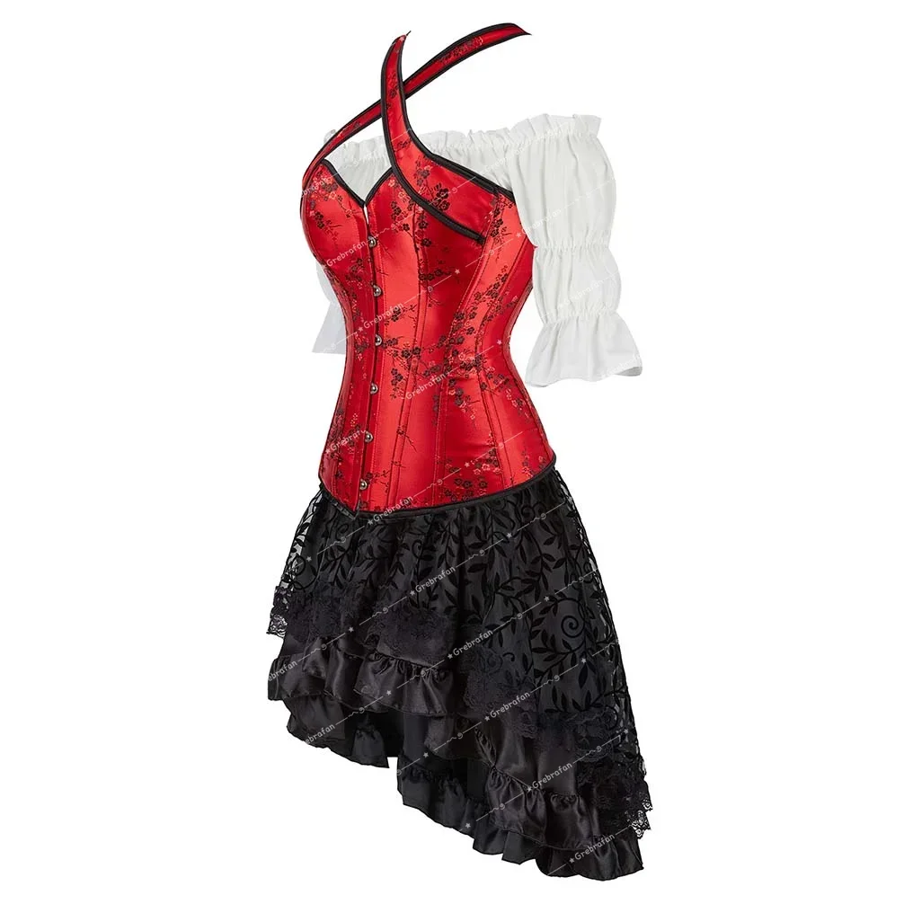 Women's Corset Skirt Shirt Bridal Corsets Floral Embroidery Bustiers Wedding 3 Piece Set Burlesque Dance Party Costume Plus Size