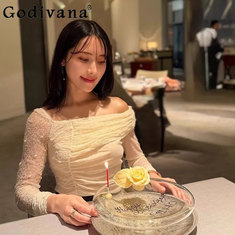 

Japanese Style Exquisite Elegant Lace Long Sleeve Top Spring Autumn 2025 Women's Slim Fit Off-Shoulder Sexy T-Shirt Lady Clothes