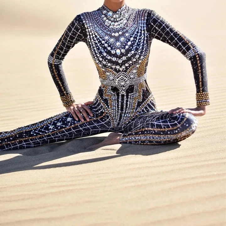 Costume de brevAcrobatique avec Strass, Tenue de Spectacle, Discothèque, Danseuse, Combinaison en Clip