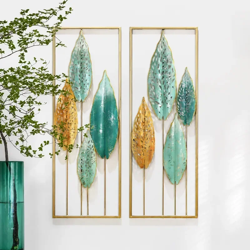 Pastoral Wrought Iron Wall Art Green Plant Leaves Pendant Living Room Entrance Dining Room Decoration