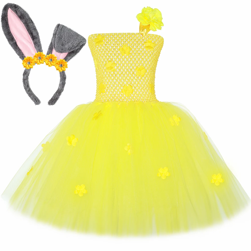 Girls Yellow Tutu Dress Cartoon Animal Bunny Costume Kids Halloween Carnival Party Rabbit Princess Dress Up with Ears Headband