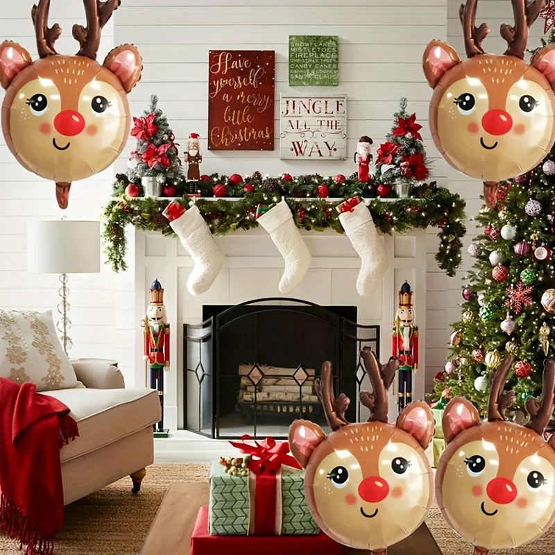 4 Stück Rentier-Folienballons mit roter Nase, Weihnachtsthema, Party, Hirschkopf, Luftballons, Weihnachtsfeier, Dekorationen, Neujahrsdekoration