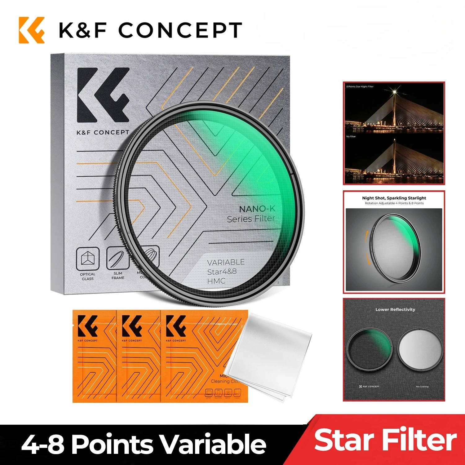 K&F Concept Star Filter 4-8 Points Variable Starburst Filter Cross Screen 18 Layer Coating for Nikon Canon Camera Lenses Filters