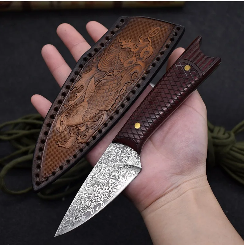 

3 Inch Hunting Knife With Holster 67 Layers Damascus VG10 Steel Blade Paring Cleaver Camping Handmade Kitchen Knives Wood Handle