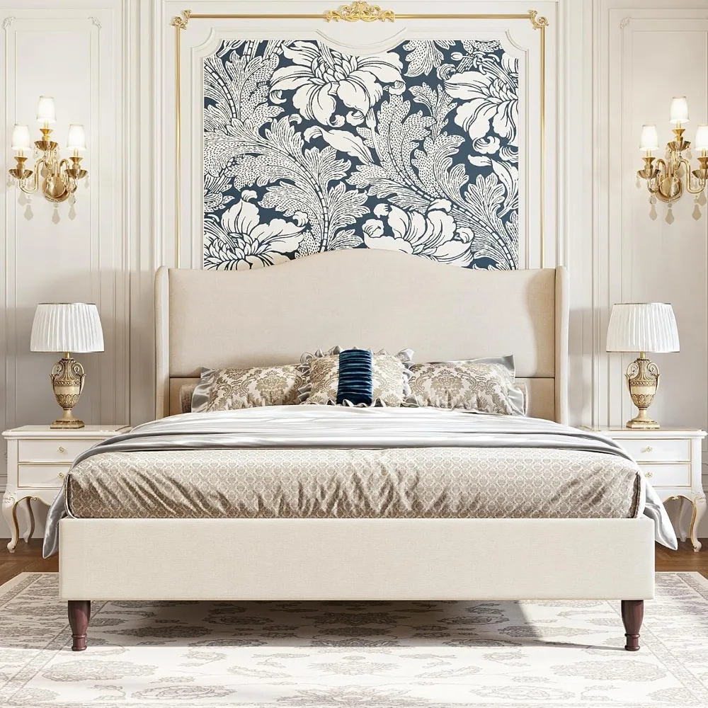

Queen Size Upholstered Platform Bed with 51" High Wingback Headboard, Soft Fabric, Retro Simple Style