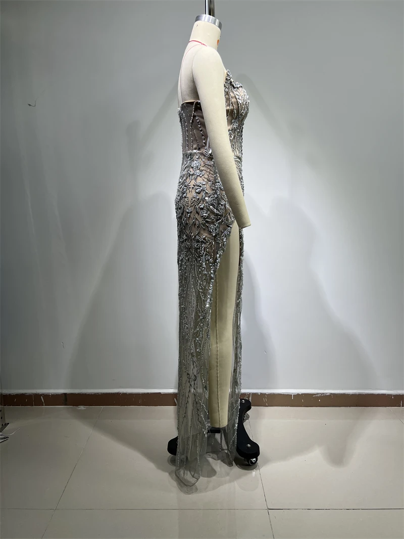 Vestido de lujo con cuentas de diamantes, traje Sexy con abertura alta, cuello en V sin tirantes, longitud hasta el tobillo, vestido de diosa, traje de fiesta de noche de celebridades