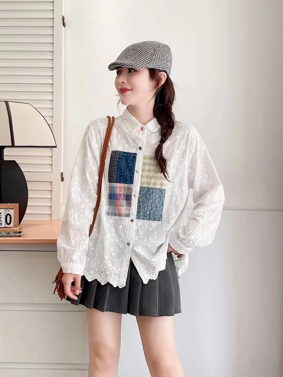 New Autumn Cotton Long Sleeve Shirt, Women Lapel Embroidery Patchwork Tops, Mori Girl Sweet Loose Blouses, Winter T488125QC