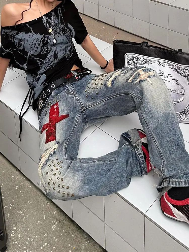 Women's Rivet Holes Fashion Street Jeans Vintage High Waist Sweatpants 90s Pants Cool Girl Bottoms Female Wide-leg Y2k Trousers