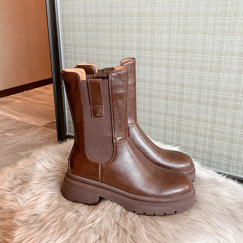 Arden Furtado Brown Chelsea Boots Women Calfskin Leather Solid Color Round Toe Slip-on Elastic Band Ladies Ankle Shoes Handmade