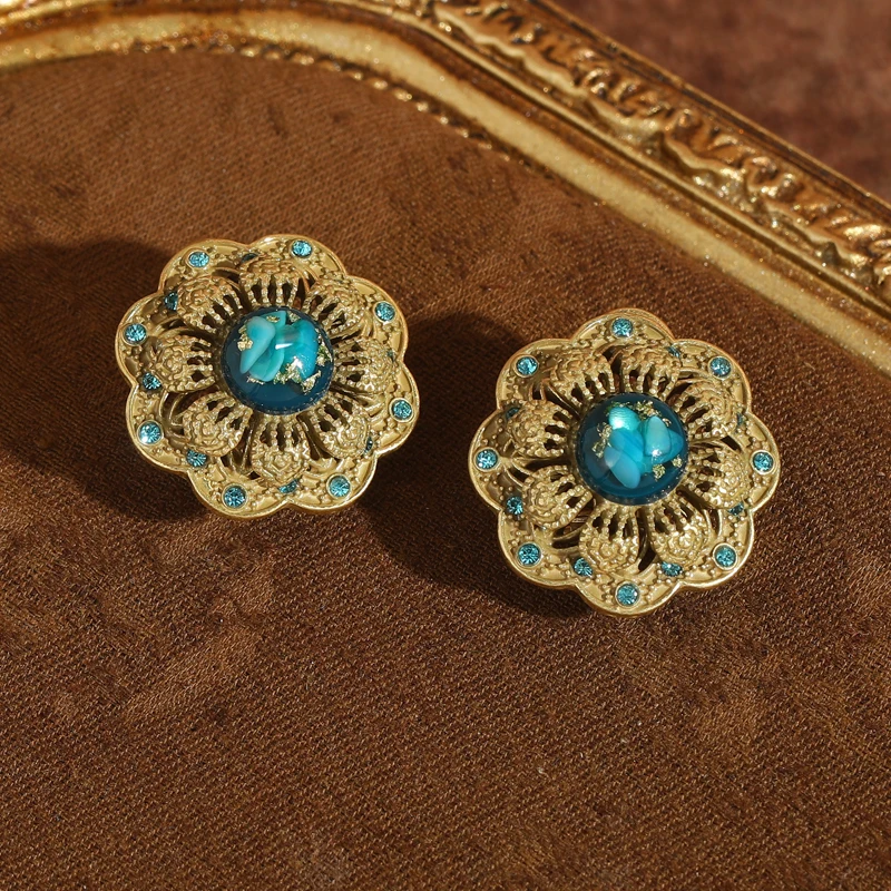 Vintage Green Glass Blue Flower Stud Earrings Gold Color High Quality Luxury for Women 2026 New Trend Wedding Party Accessories