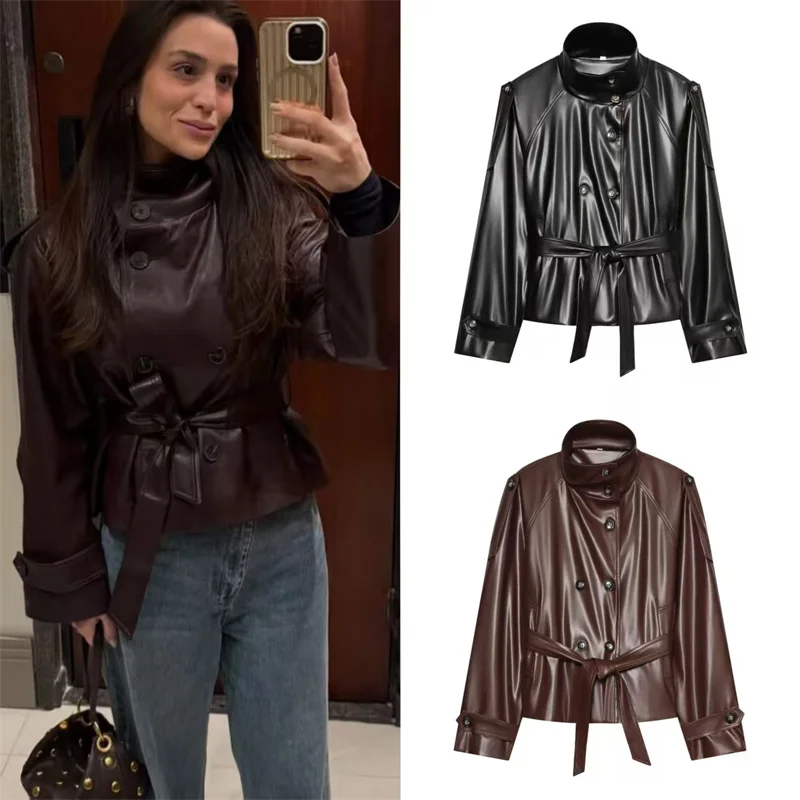Guobioziy Women's Jacket 2026 Autumn New Solid Color Long Sleeve Belt-Decorated Stand Collar Loose Biker-Style Jacket Trendy
