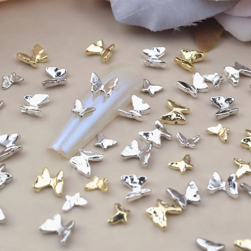 10Pcs/lot 3D Butterfly Gold Silver Nail Charms Alloy Gems Mini Rivets Decoration Manicure Bow Tie Nail Supplies Accessories