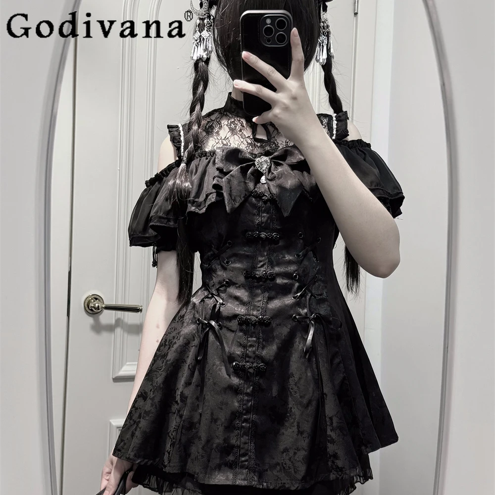 

Original Chinese Style Lo Cos Dress Set with Splicing Sleeves Japanese Mine Mass-Produced Sweet Cute Dress+Shorts 2-Piece Set