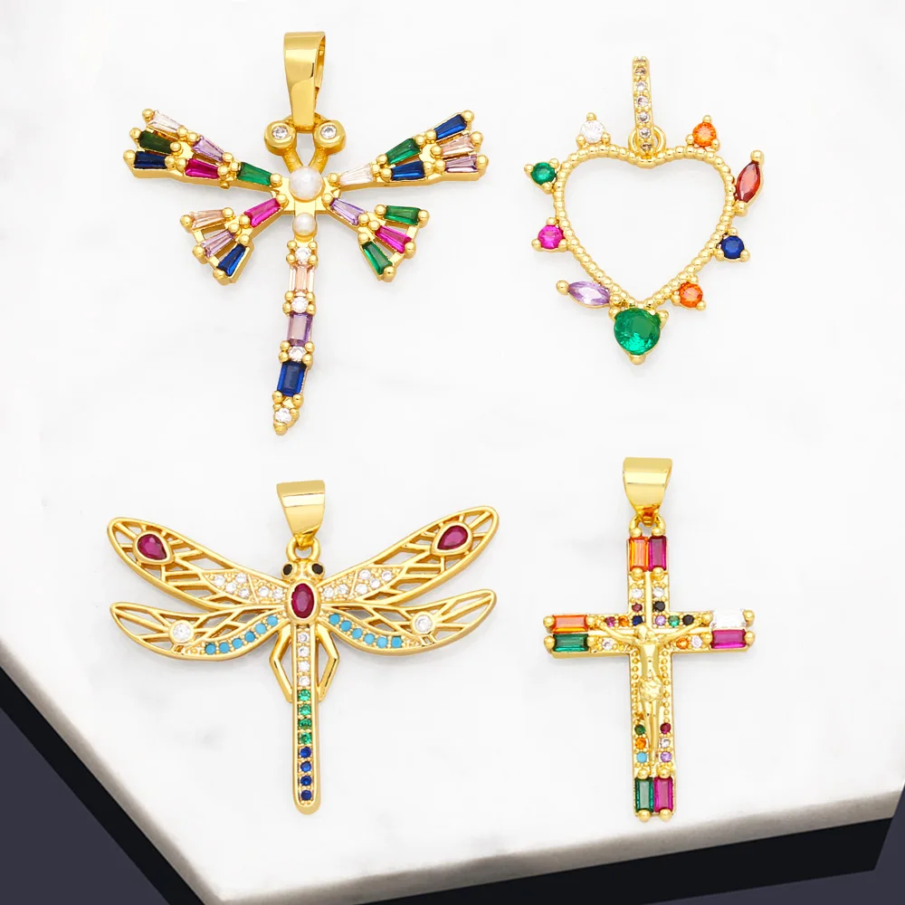 OCESRIO Multicolor Crystal Dragonfly Pendant for Necklace Copper Gold Plated CZ Crucifix Heart Jewelry Making Component pdta960