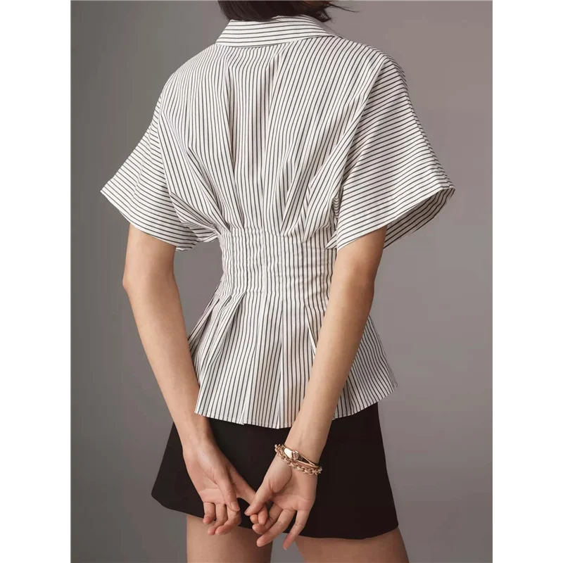 

ABP-Striped Button Down Shirts For Women Short Sleeve Pleated Corset Blouse Casual Summer