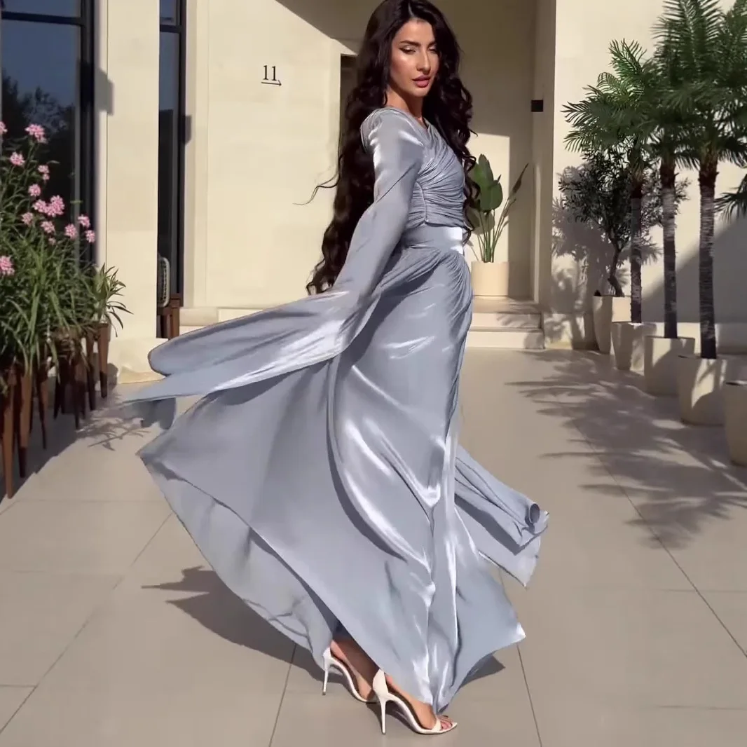 

Elegant Slant Shoulder Draped Gowns Dress Casual Split Long Sleeve Solid Party Dress Women Fashion Hight Waist Slim Maxi Dress