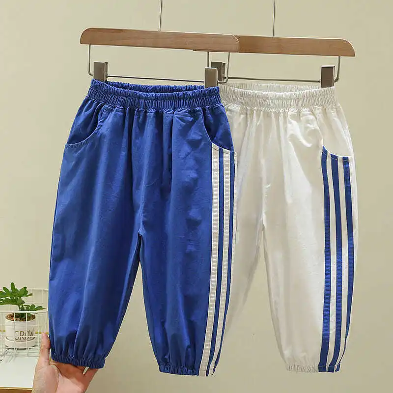 Boys Clothing Summer Mosquito Prevention New Striped Printed Spliced Pocket Elastic Waist Loose Casual Thin Kids Trend Sweatpant