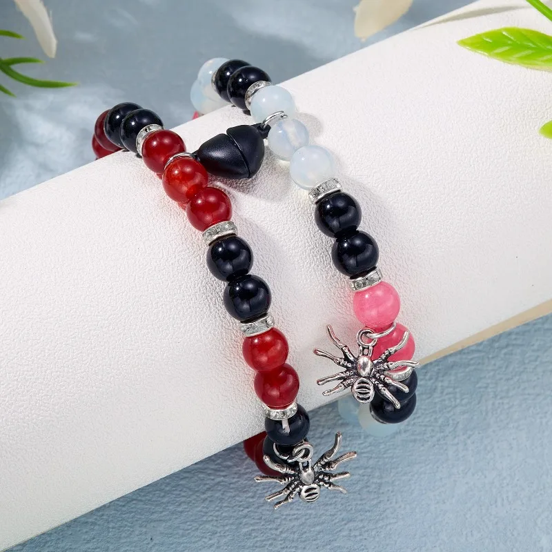 2-teiliges Set Naturstein-Armband für Damen und Herren, elastisch, magnetische Anziehungskraft, passendes Armband, Halloween-Zubehör, Paar-Geschenke