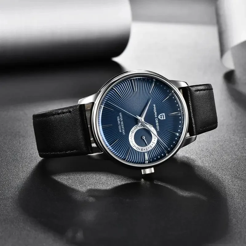 PAGANI DESIGN PD-1654 Quartz Dress Watch for Men Rose Gold Case White Sunburst Dial Brown Leather Strap 100M Waterproof Wristwat