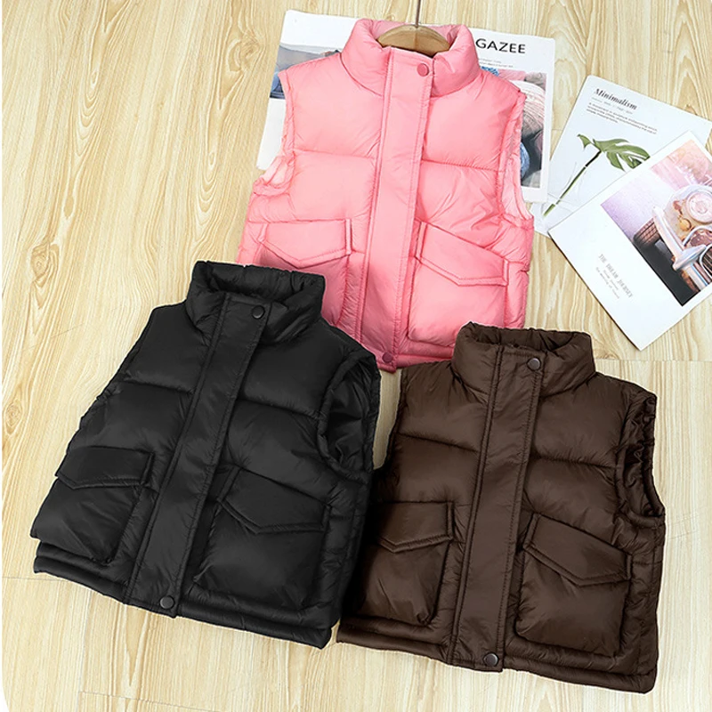 

Autumn Winter New Boys Girls Vest Solid Color Thick Warm Down Cotton Zipper Waistcoat For 3-12 Years Teen Kids Casual Outerwear