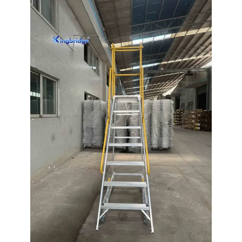 Mobile Industrial 7 Steps Aluminum Warehouse Podium Access Work Platform Ladder With 4 Wheels and Yellow Color Guardrail