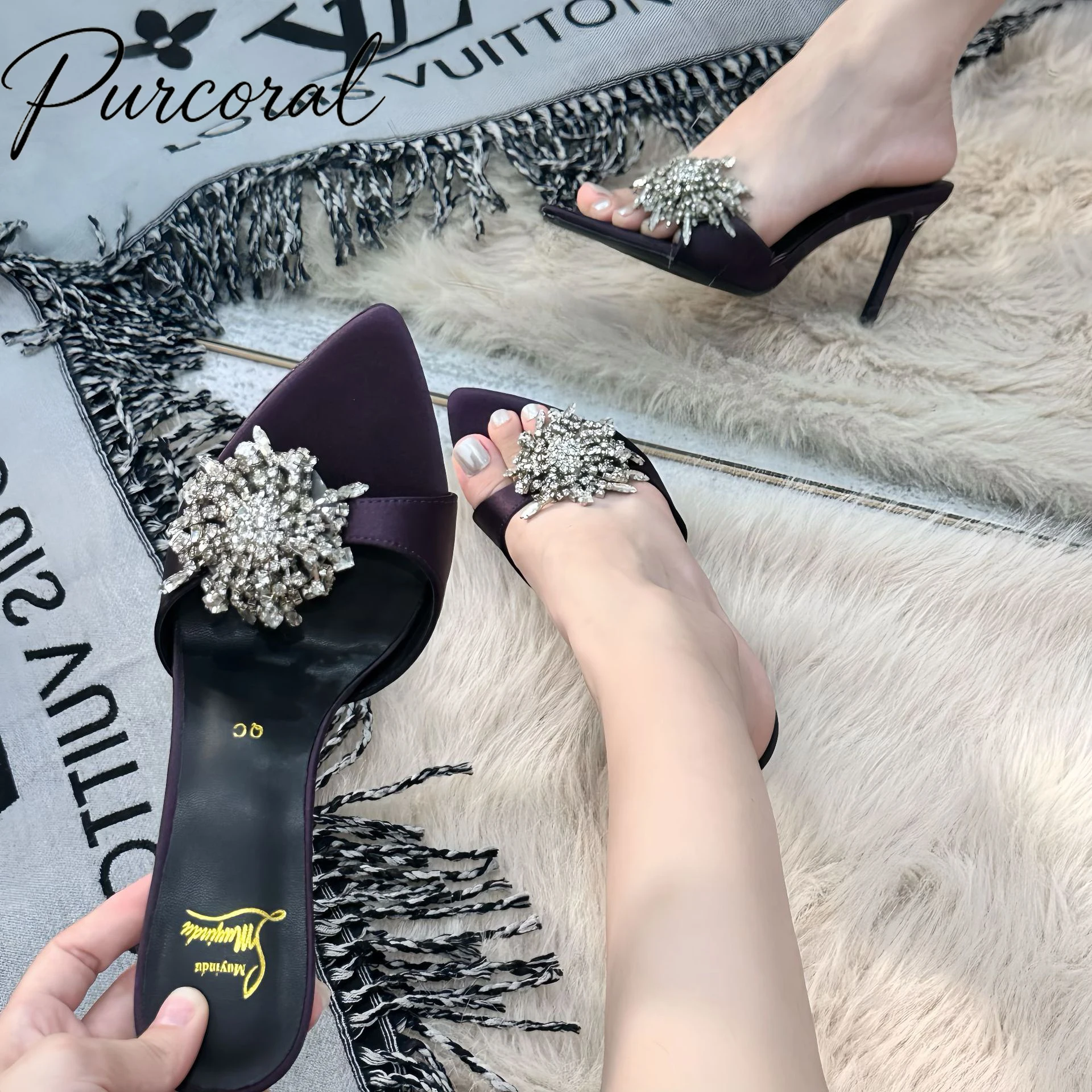 2026 New Women Pointed Toe Mule Heels Glitter Rhinestone Fringe Tassel Decoration Patent Leather Thin High Heel Slip On Shoes