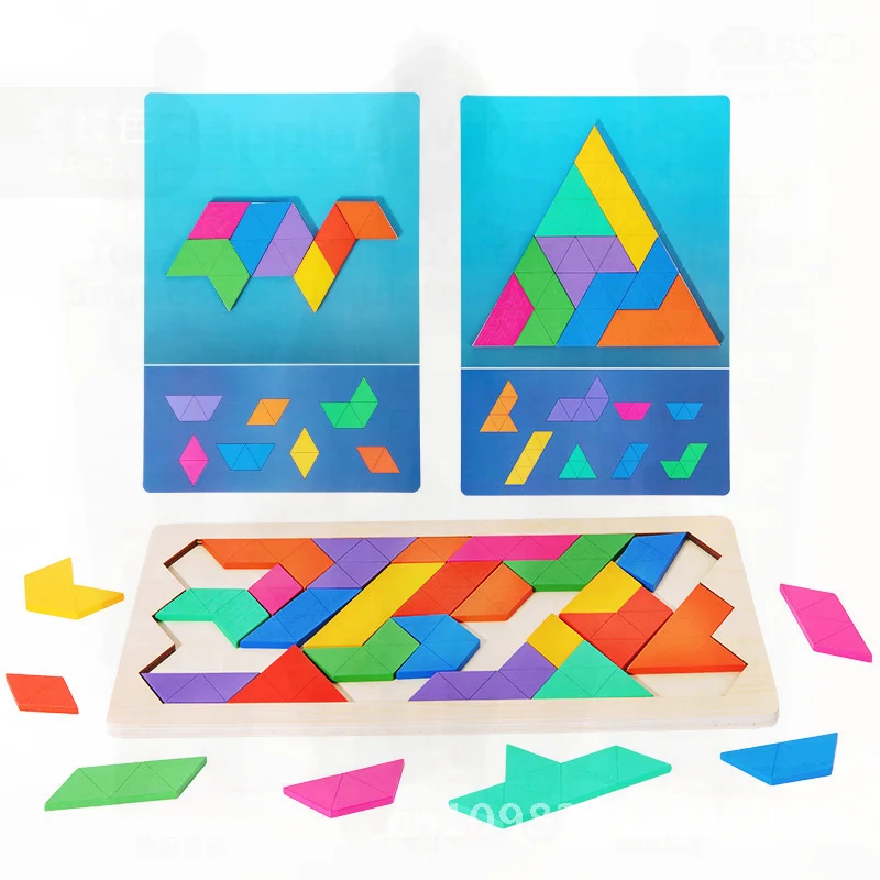 Quebra-cabeça tangram de madeira para crianças, educação precoce, jogo geométrico de inteligência cerebral, formato triangular, brinquedo de aprendizagem de cores