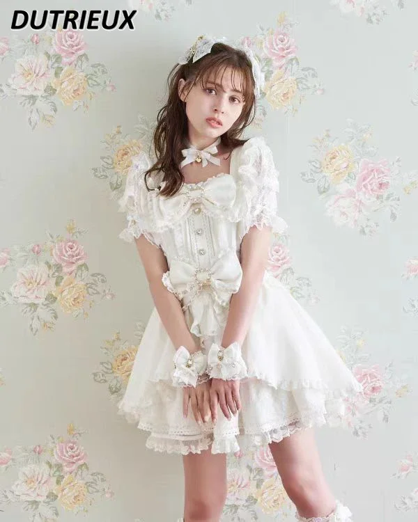 2025 NUOVO abito slim fit a maniche corte con scollo quadrato Ragazza carina giapponese Dolce fiocco in pizzo con bordo volant Abiti e gonna base