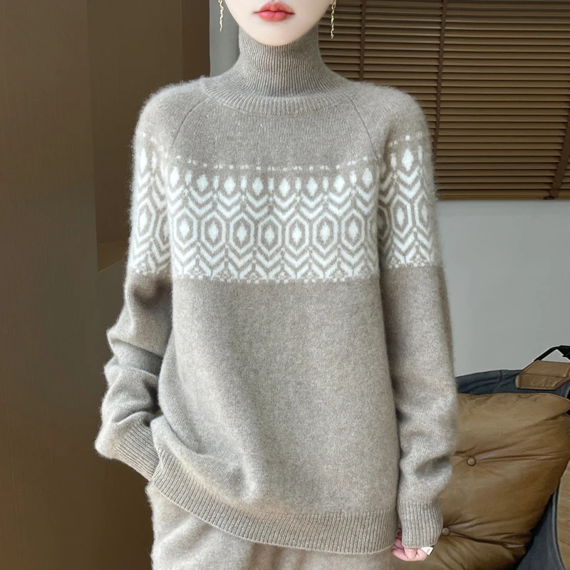 TLOML Nuove Donne Dolcevita Jacquard Pullover Maglione Autunno Inverno Spessore 100% Lana Merino Maglieria Morbido Caldo Bottoms Femminile Magliette e camicette