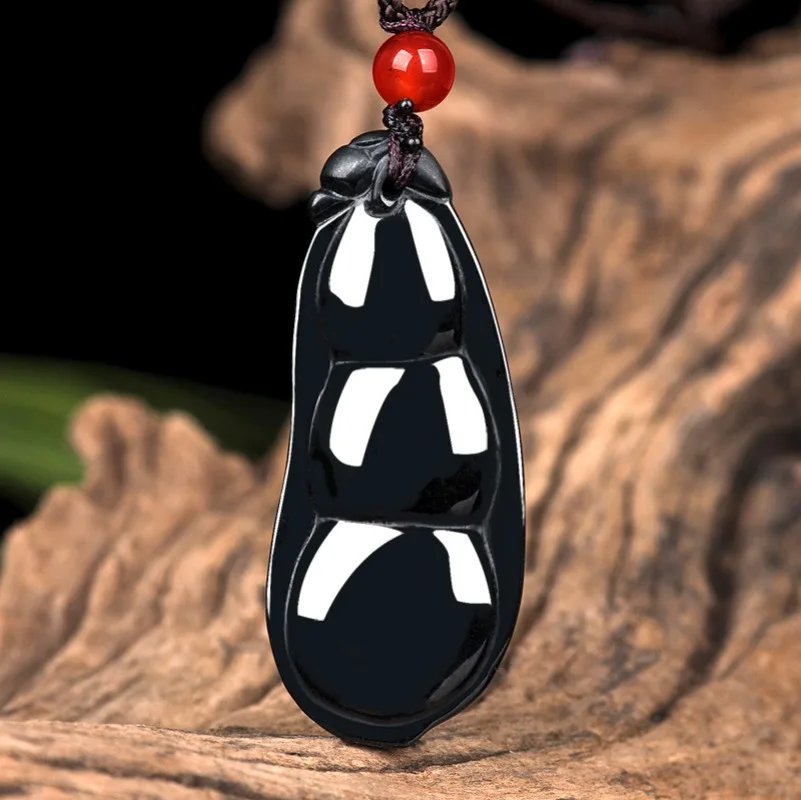 Genuine Natural Burmese Black Emerald Beans Pendant Necklace Jade Hand-carved Fashion Charm Jewelry Amulet Gifts for Men Luxury